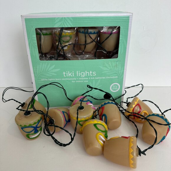 2 Sets - Gemmy Tiki Mask String Lights 8' Hawaiian Style Luau Pool Party NEW - Picture 2 of 3